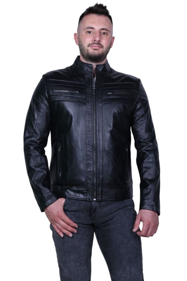 Eylül 3076 Siyah Hakiki Deri Erkek Mont