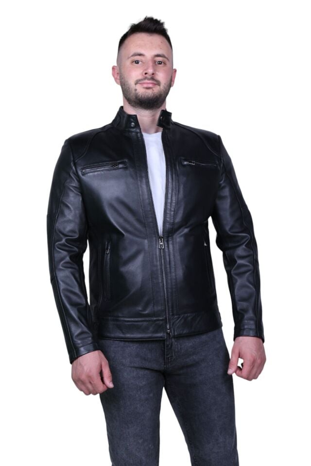 Eylül 061 Siyah Erkek Hakiki Deri Mont